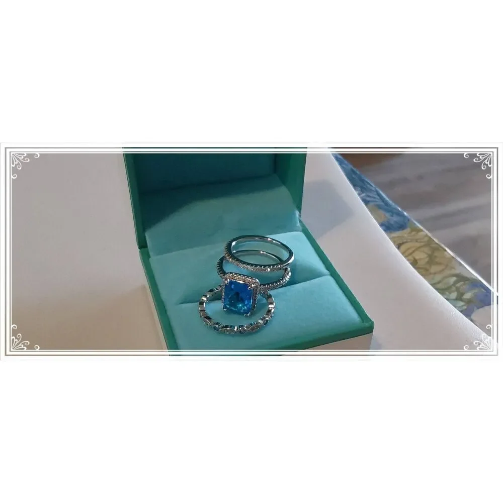3.5 Ct. Emerald Cut Blue & White Topaz 3Pc. Wedding Ring Set Sz 8